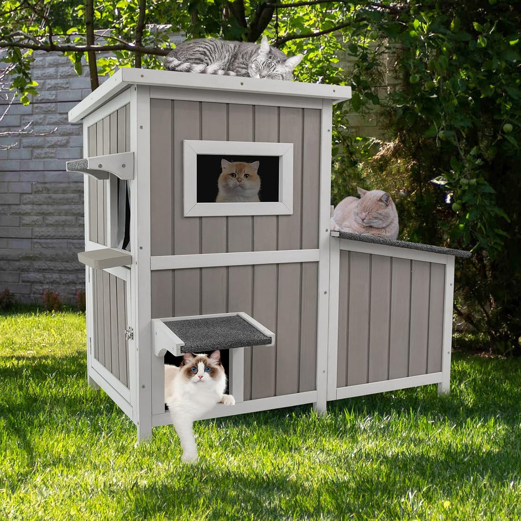 Cat House Outdoor Cat Shelter for 2-3 Feral Cats Two Story Wooden Cat Houses for Outside Cats Weatherproof in 3