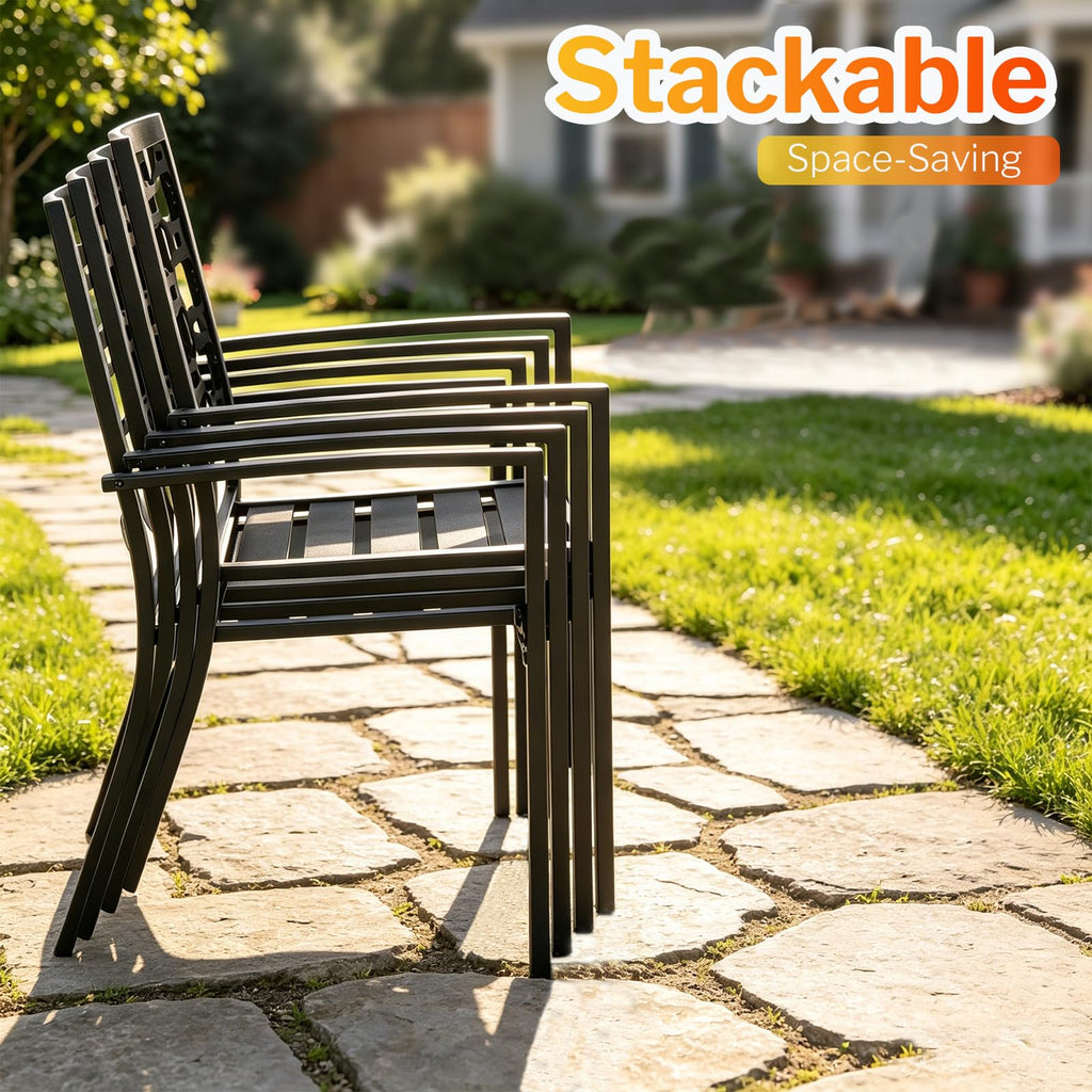Stackable Patio Chairs Set of 2, Black Powder-Coated Metal Outdoor Dining Chairs, High Back Durable Heavy Duty