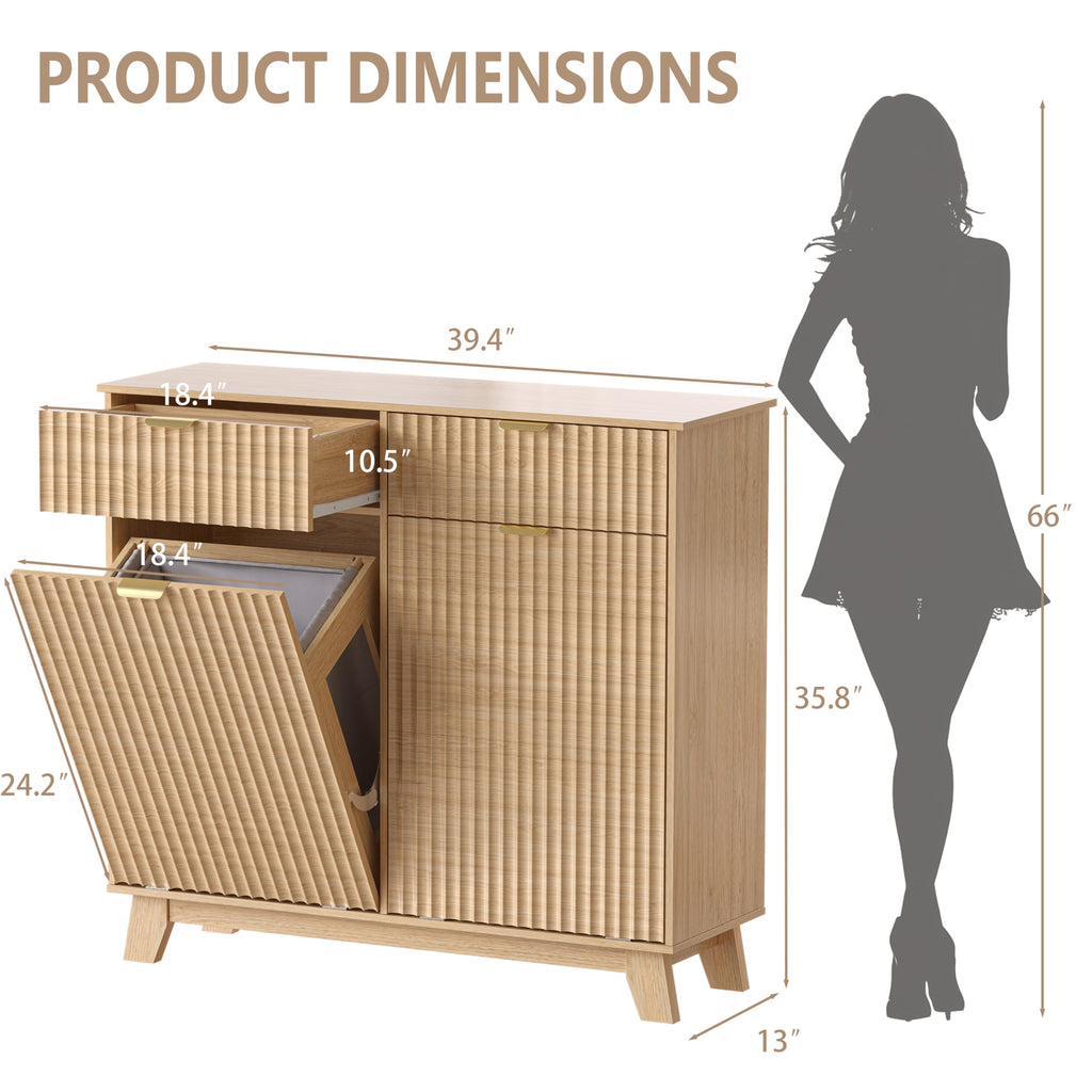 Double Tilt Out Laundry Hamper Cabinet with 2 Drawers & Baskets, 20 Gallon Fluted Hidden Trash Can Cabinet, Farmhouse