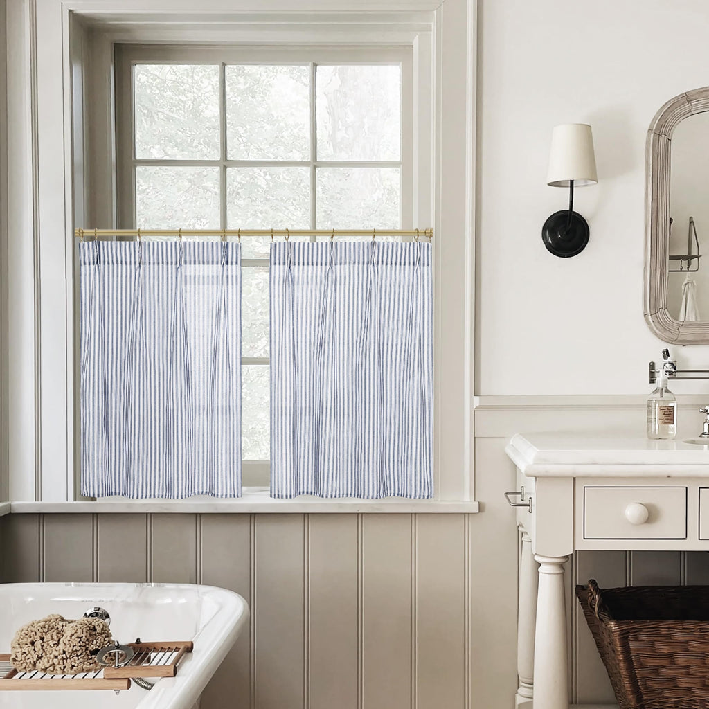 Navy Blue Kitchen Curtains, Ticking Stripe Cafe White Farmhouse 24 Inch Length Linen Sheer Ocean Nautical Curtains