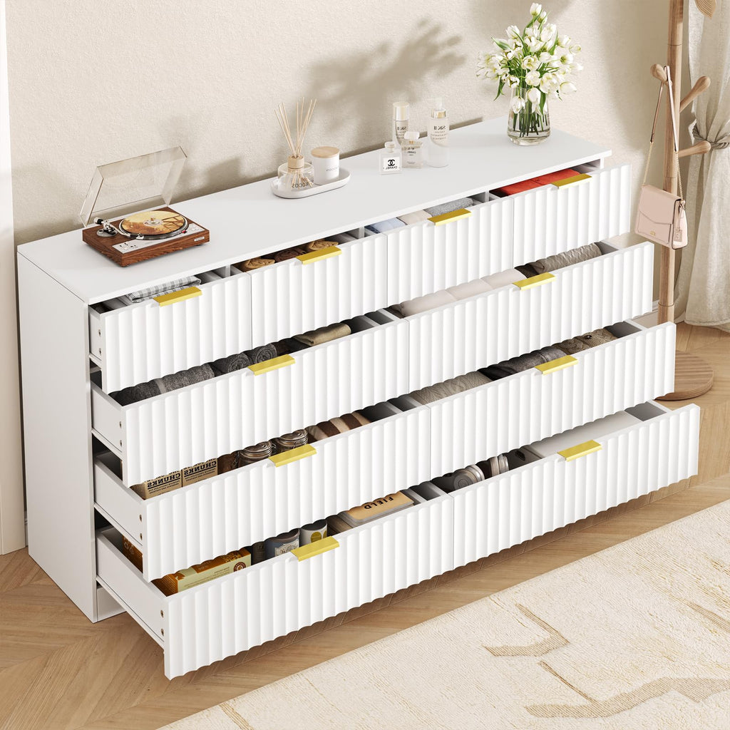 55.1" Wide Fluted 10 Drawer Dresser, White