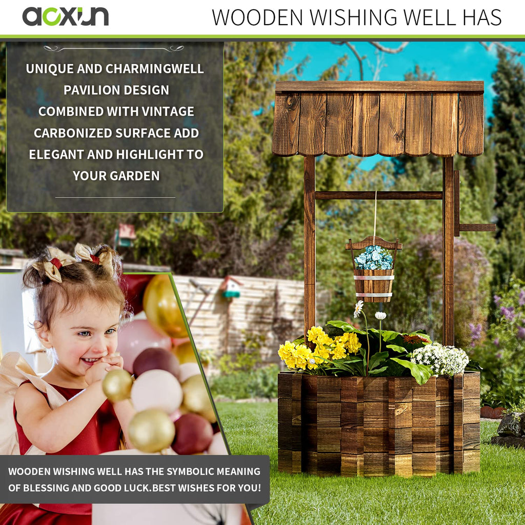 22" Wooden Wishing Well Planters with Hanging Bucket