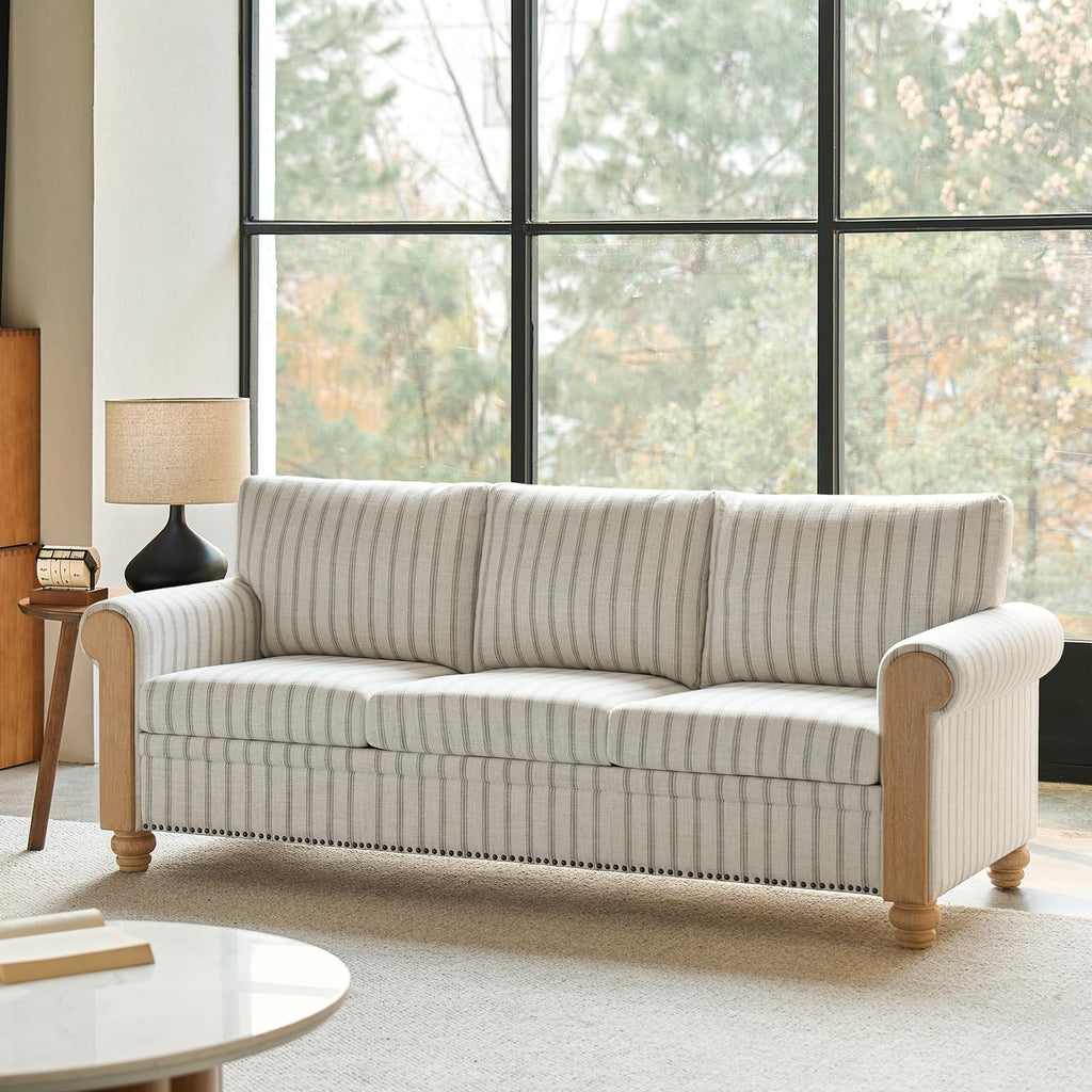 81" Farmhouse Couch with Stripe Pattern, 3 Seater Sofa with Solid Wood Legs and Rolled Wide Armrests, Comfy