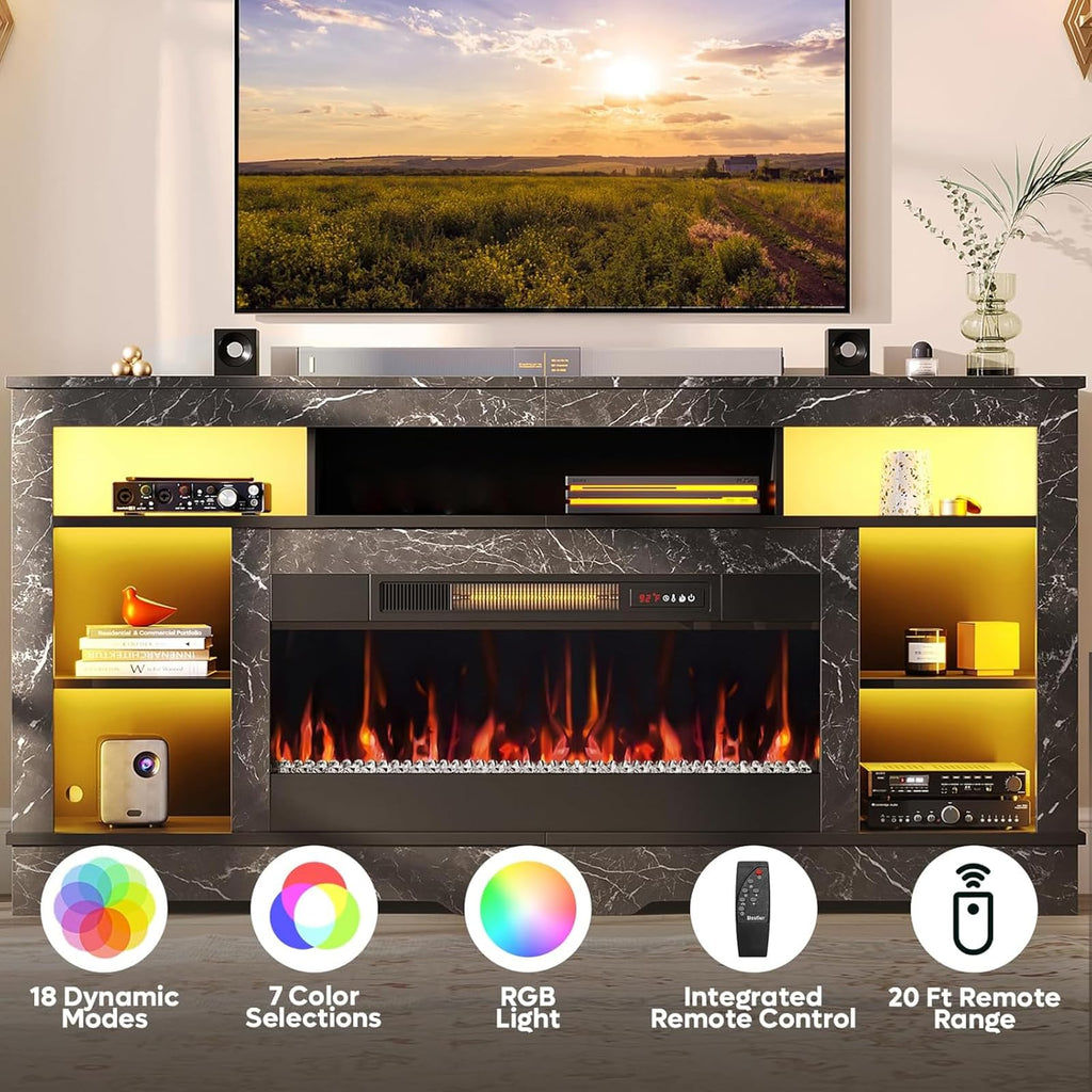 Tall TV Stand with 36" Fireplace, 71 Inch High LED Entertainment Center with Storage Cabinet for TVs Up to 80", TV
