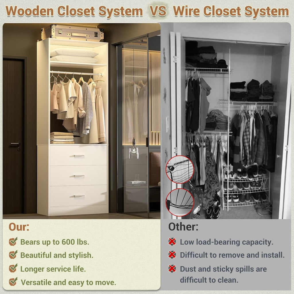 8FT Closet Systems with 12 Wood Drawers, Closet System Set of 4 | 96" Closet Organizer System with 4 Hanging Rods & 4