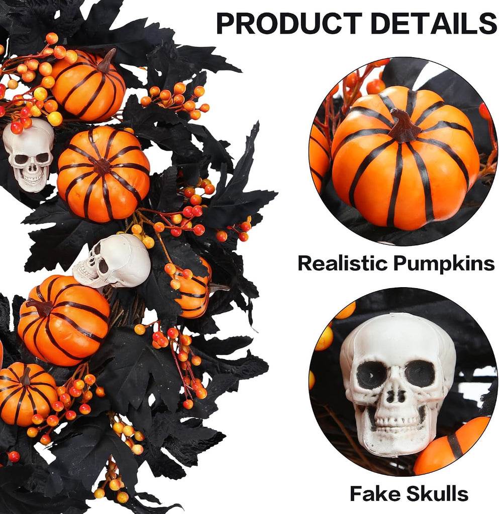 Halloween Wreath with Artificial Pumpkin Handmade Black Maple Leave Skull Pumpkin Orange Berries 20''Front Door