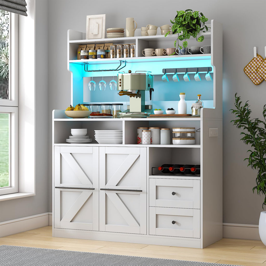 Hutch Storage Buffet Cabinet with Drawers, and Charging Station, Coffee Bar Cabinet with Barn Doors, Wine Rack and