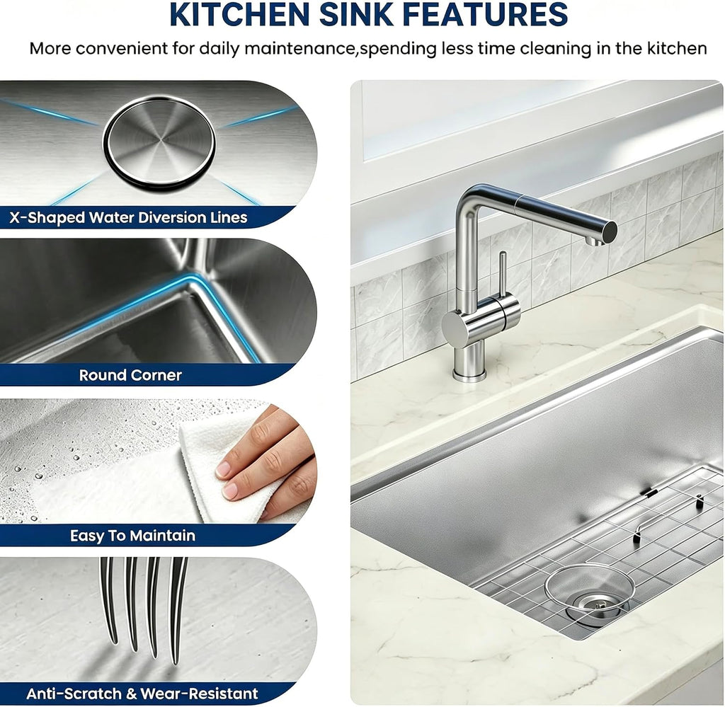 32-Inch Undermount Workstation 16 Gauge Single Bowl Stainless Steel Kitchen Sink with Accessories, 32x19x10 Inch