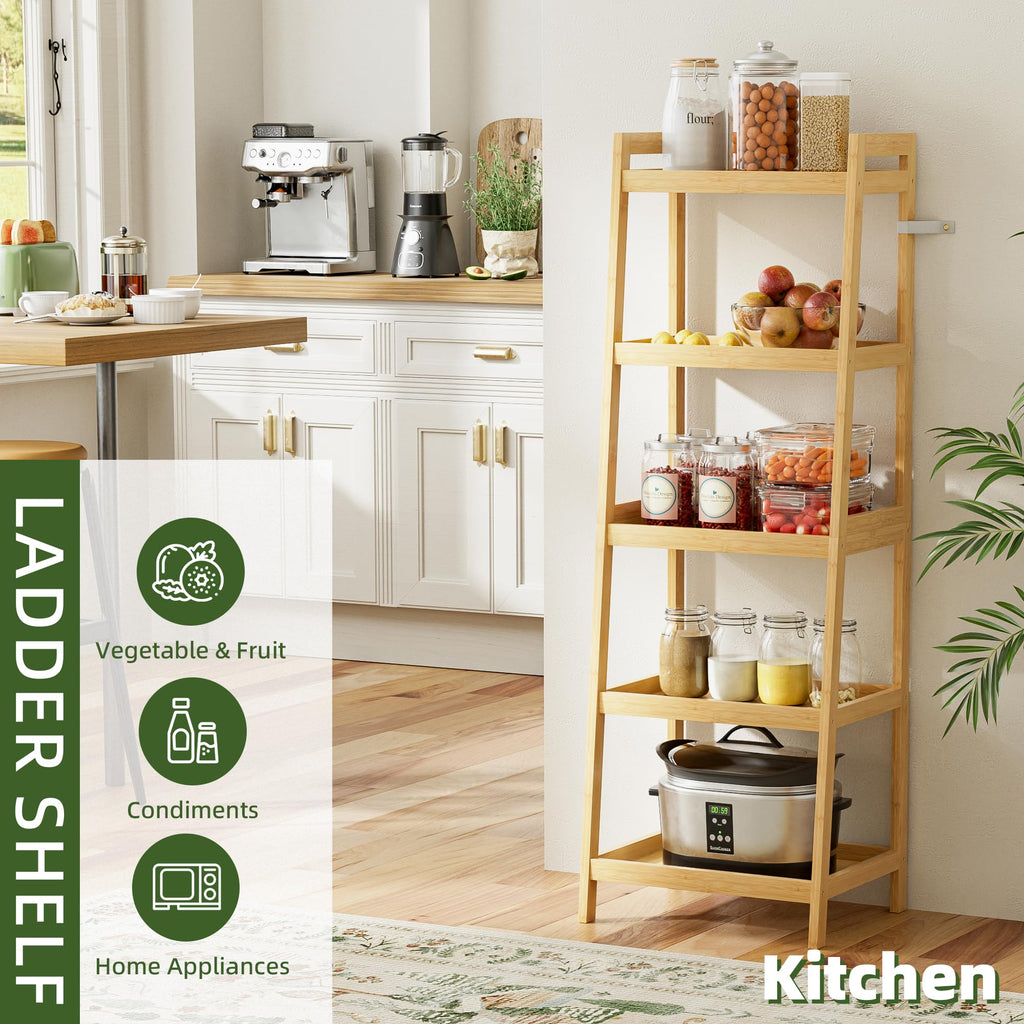 Bookshelf, 5 Tier Ladder Bookcase with Bamboo Frame, Freestanding Tall Narrow Display Plant Shelf, Balcony, Natural
