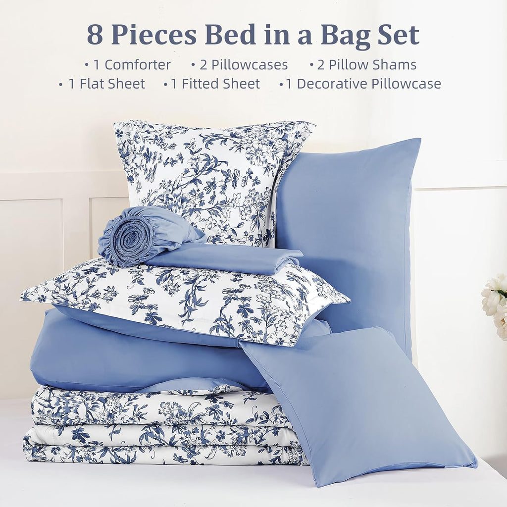 Blue Floral Comforter Set Queen, 8 Pieces Flower Botanical Bed in a Bag Bedding Set, Soft Microfiber Comforter, Sheets