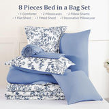 Blue Floral Comforter Set Queen, 8 Pieces Flower Botanical Bed in a Bag Bedding Set, Soft Microfiber Comforter, Sheets
