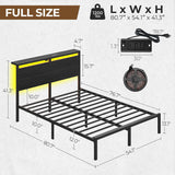 Full Bed Frame with Charging Station, LED Full Bed Frame with Wood Storage Headboard