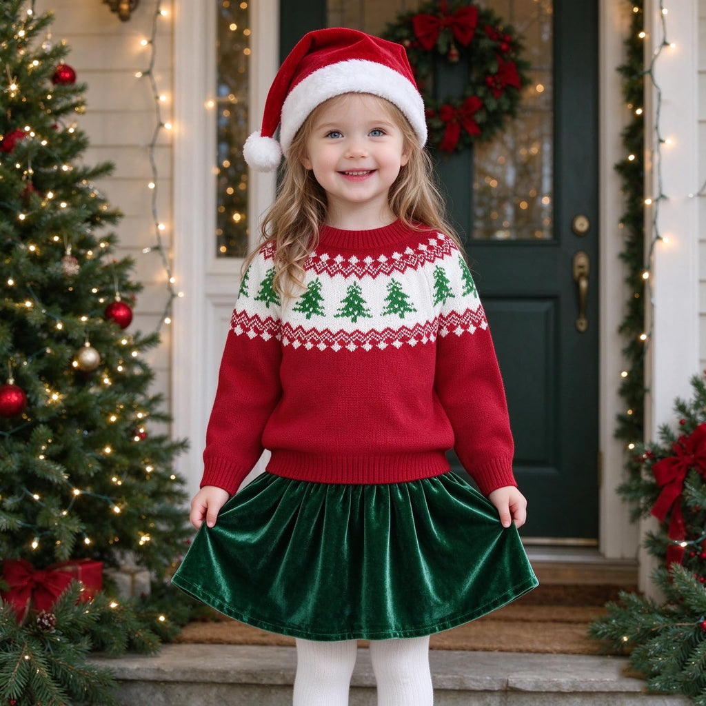 Toddler Baby Boy Girl Christmas Outfit Tree Print Oversized Long Sleeve Crewneck Knit Sweater Winter Holiday Clothes
