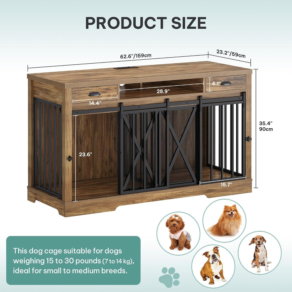 Double Dog Crate TV Stand with Charging Station for 2 Dogs