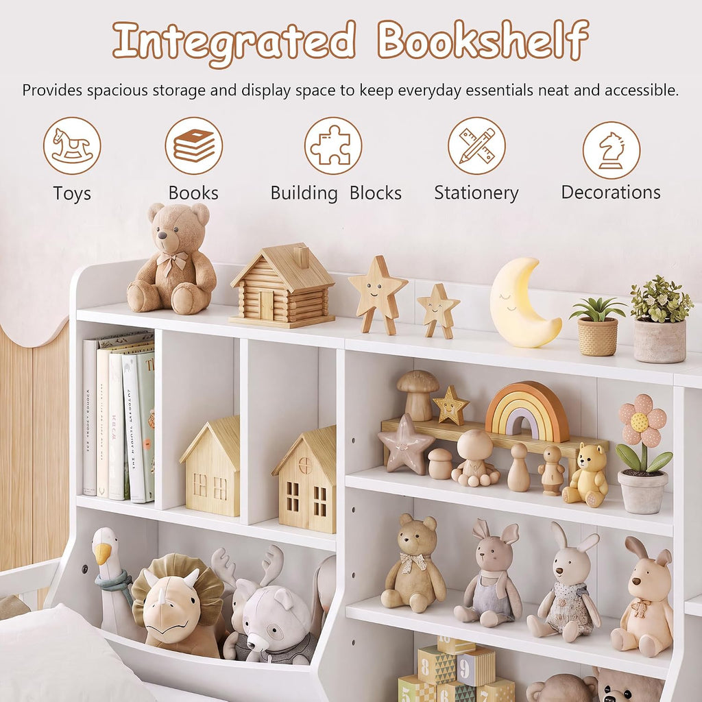 Floor Bed for Kids, Wooden Montessori Bed Frame with Bookcase, Storage Shelves & Safety Fence Rails, Floor Beds