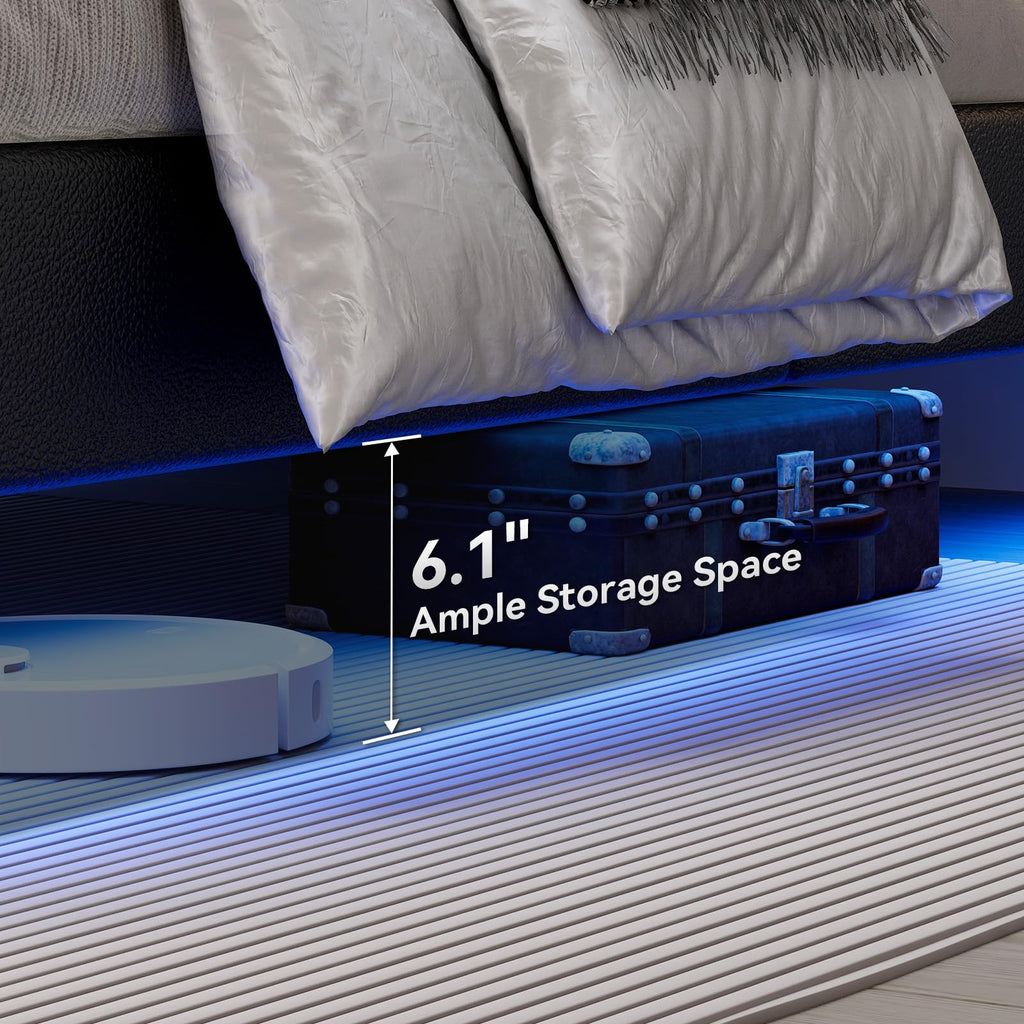 Full Size Floating Bed Frame with LED Lights, Upholstered Platform Bed with Headboard, 11 in Storage Clearance, Solid