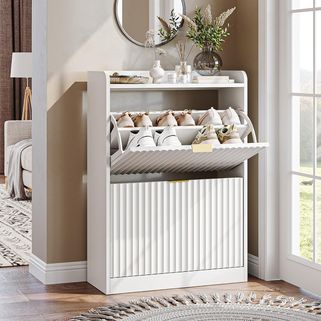 White Fluted Slim Shoe Cabinet Storage with 2 Flip Drawers