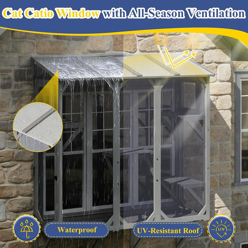 Window Catio for Indoor Cats, Wooden Cat Window Box for Sunbathing & Play