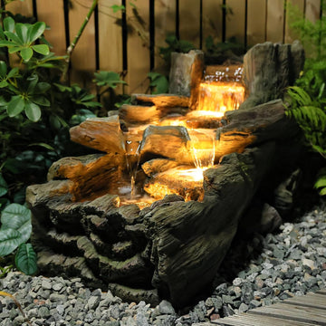 34.5" L Garden Outdoor Water Fountain, Floor Standing Wood Imitation Resin Natural Waterfall Fountains with LED Lights