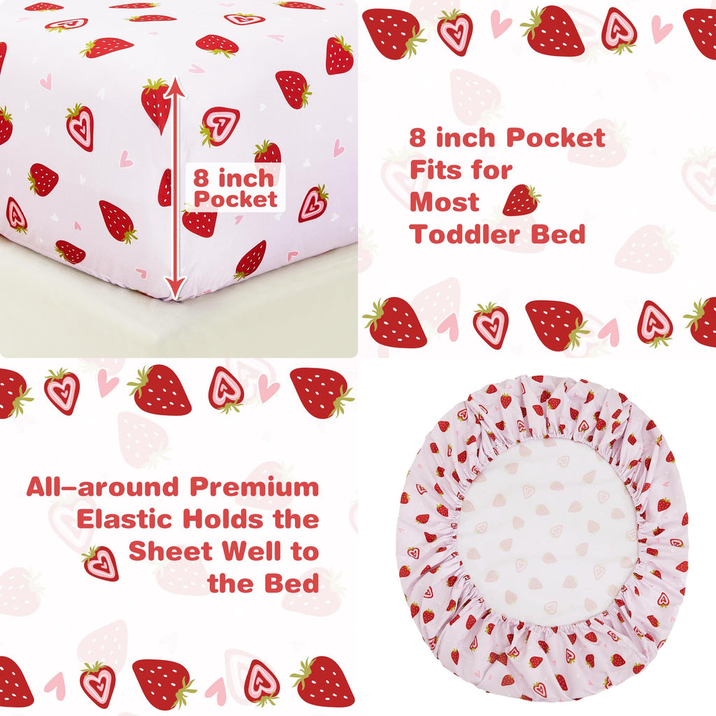 Toddler Bedding Set, 4 Piece Bed-in-a-Bag Toddler Bed Comforter Sets for Girls, Toddler Bed Set, Prink Strawberry