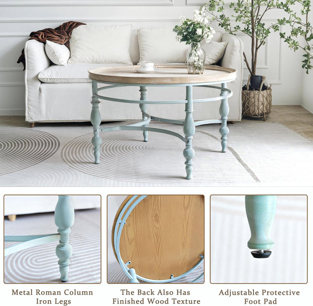 Rustic Farmhouse Round Coffee Table, French Country Vintage Center Table,φ31.5'' x18.9''H Rustic Solid Wood with