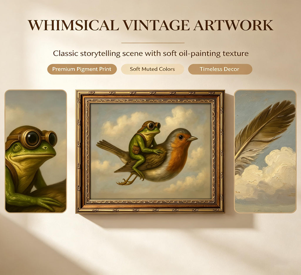 Vintage Gold Framed Whimsical Frog Robin Wall Art, Frog Riding Bird Oil Painting Canvas Print, Whimsical Animal