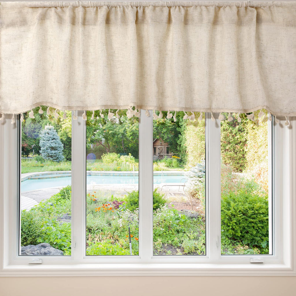 2 Pcs Boho Valances for Windows Linen Tassel Window Treatment