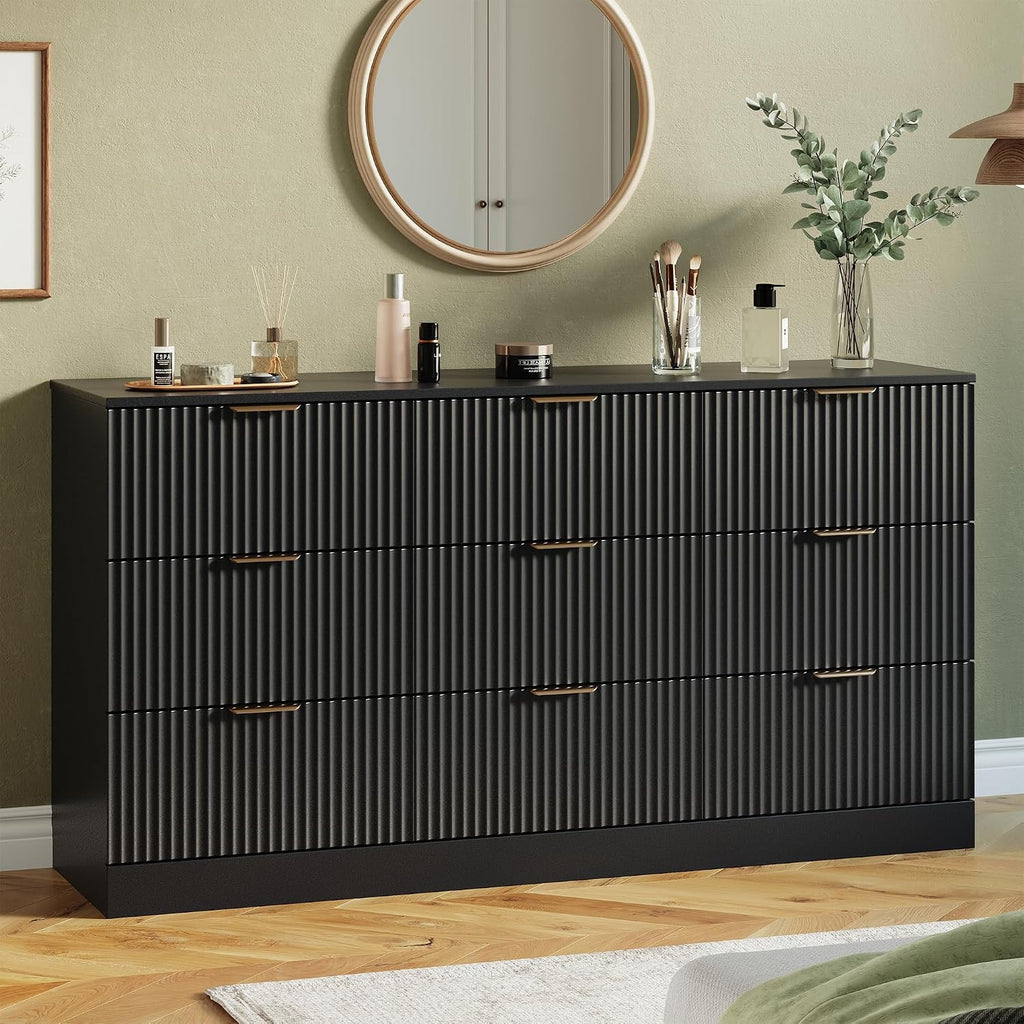 Fluted 9 Drawer Dresser , 59" Wide Wood Chest of Drawers with Metal Handle, Long Dresser Storage Organizer TV Stand