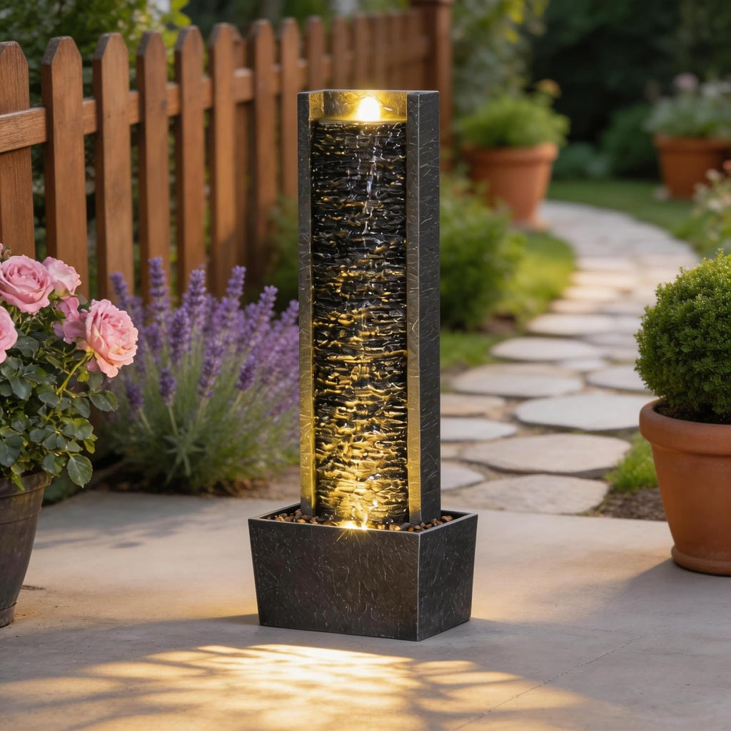 Outdoor Floor Standing Water Fountain with LED Lights, 36-Inch Modern Rectangular Cascading Waterfall Feature
