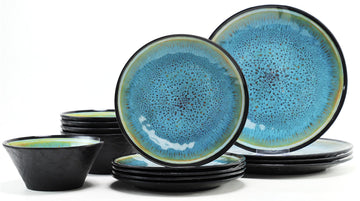 Melamine Dinnerware Sets, 12 Pcs Plates and Bowls for 4, Blue and Black