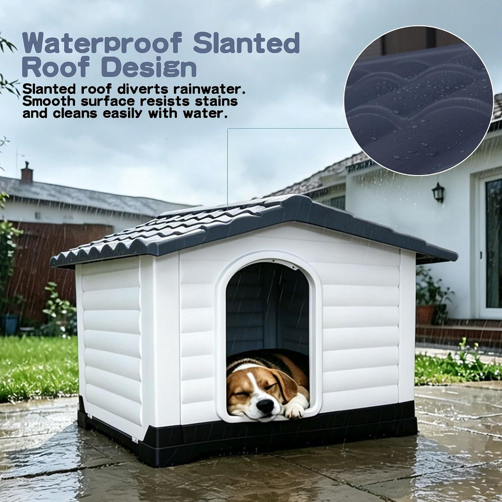 2-Door Small Dog House for Indoor and Outdoor Dog House with Fold-Out Porch Elevated Base, Waterproof Pet House