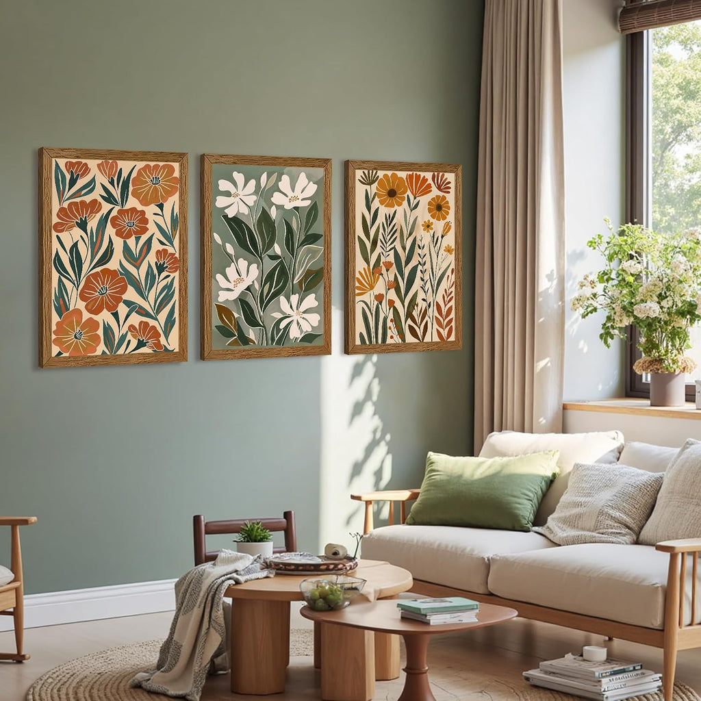 3 Pieces Flower Market Canvas Wall Art, Green Beige Abstract Boho Floral Wall Decor, Minimalist Colorful Botanica Art