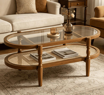 Rattan Coffee Table, Oval Wood Glass Table, Brown, 40 inch