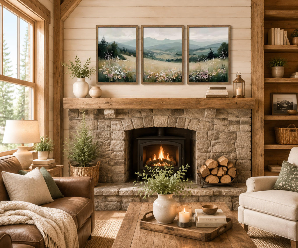 Minimalist Mountain Triptych Wall Art Set of 3, Foggy Wildflower Canvas
