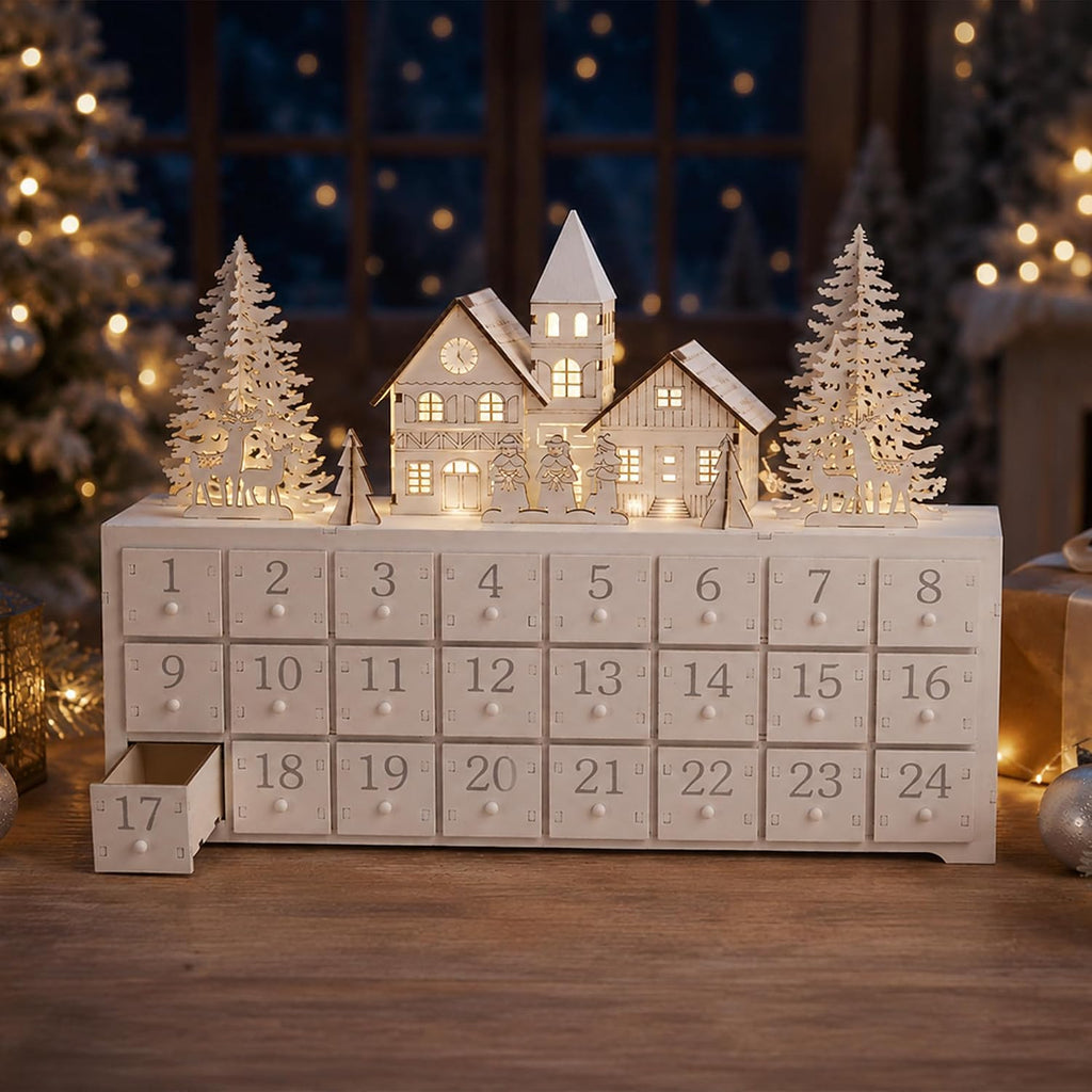 Christmas Wooden Advent Calendar House with 24 Drawers and LED-lit Scene, Countdown to Christmas Decoration to Fill