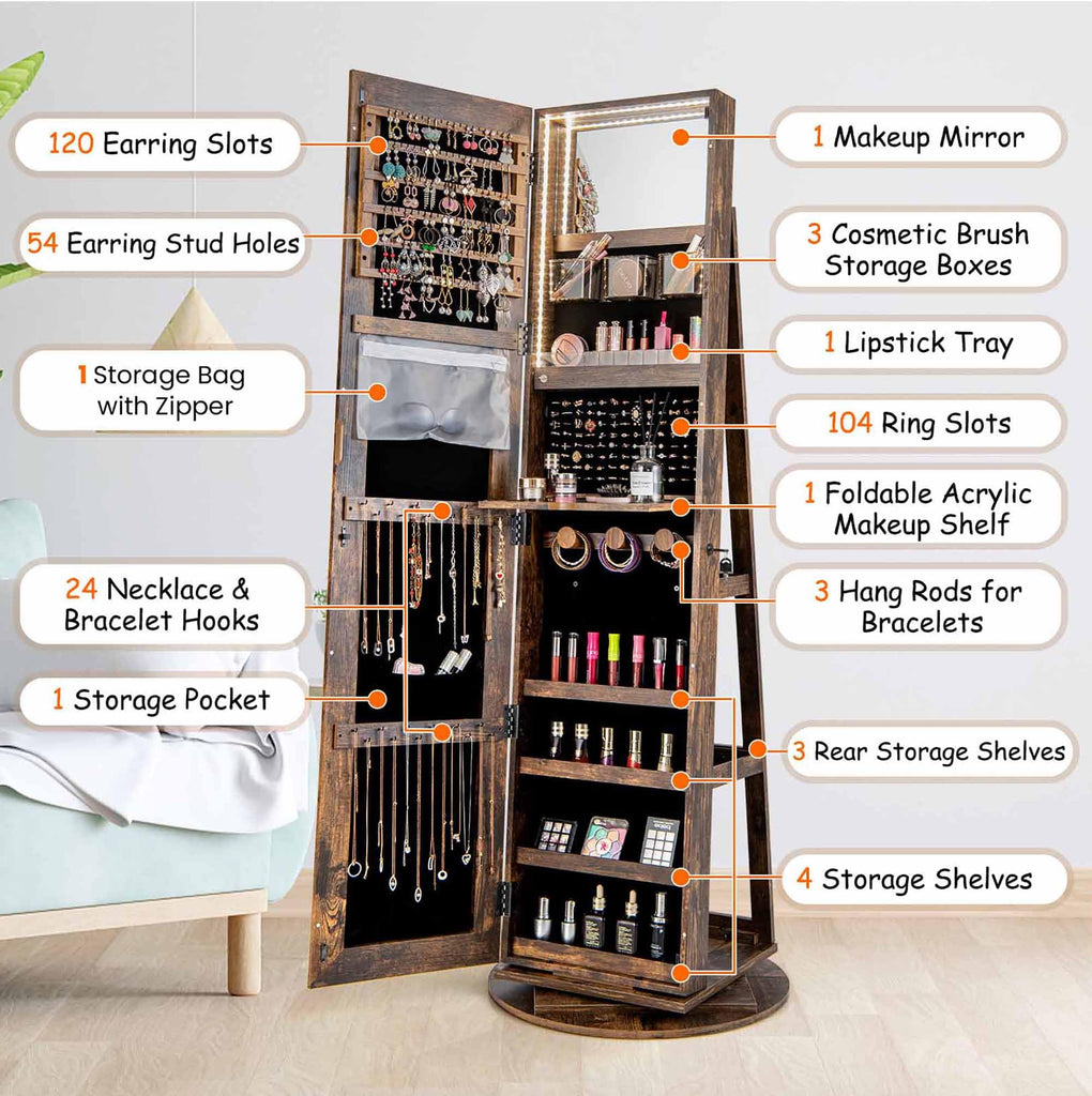 360° Swivel Jewelry Cabinet, Lockable Jewelry Organizer (Rustic Brown)