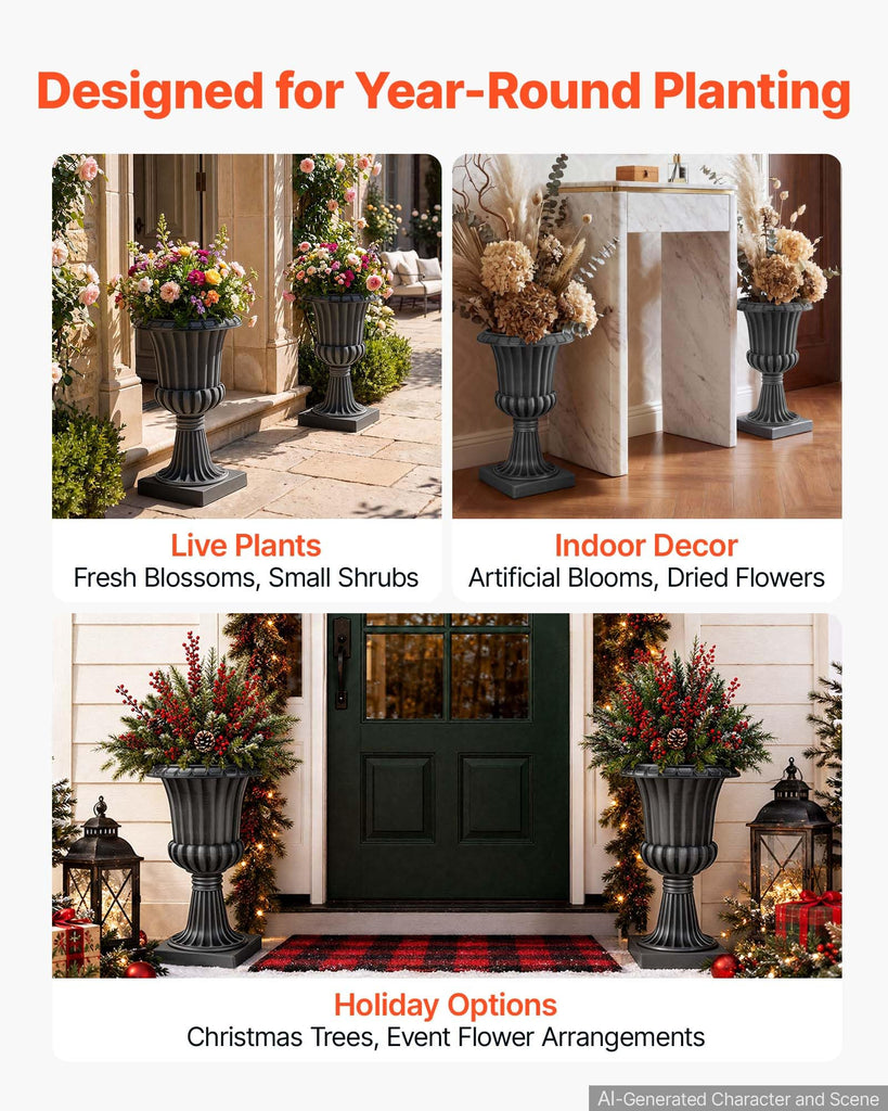 Plastic Urn Planters 13.78"x22.83" 2 PCS Gray Classic Urn Flower Pot
