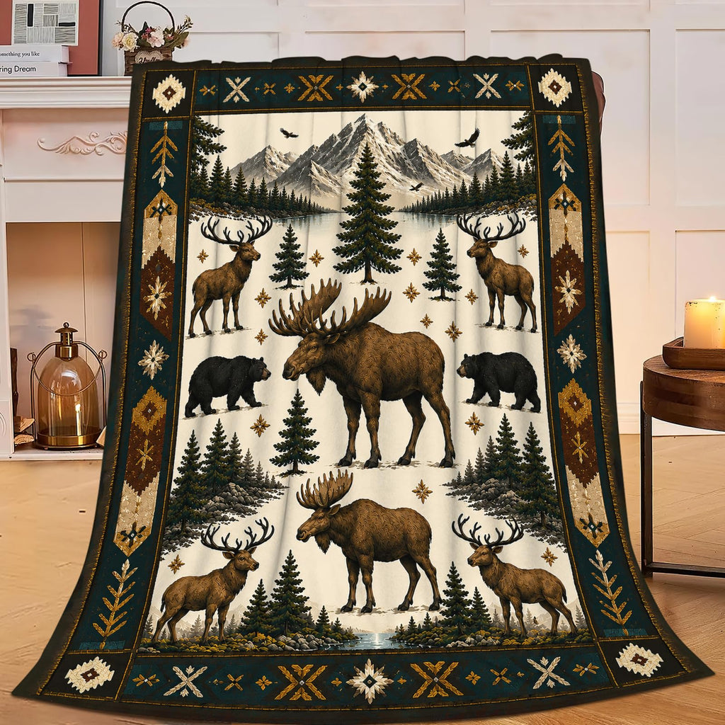 Cabin Blanket Rustic Lodge Deer Moose Throw Cozy Decor Gifts 50"X40"