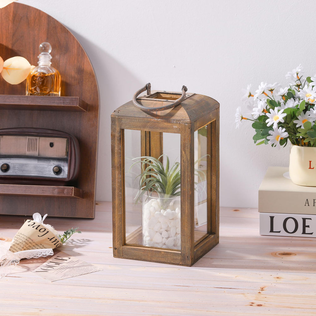 11" High Wooden Lantern Made of Solid Firwood in Handpainted Mediterranean Brown with Metal Handle, Hurricane Lantern