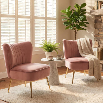 Modern Accent Chair Set of 2 Velvet Slipper Chair with Gold Legs Wingback Side Chair Bedroom Entryway Small Corner