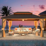 12' x 16' Gazebo Hardtop with Aluminum Frame,Galvanized Steel Double Roof Gazebos with Curtain and