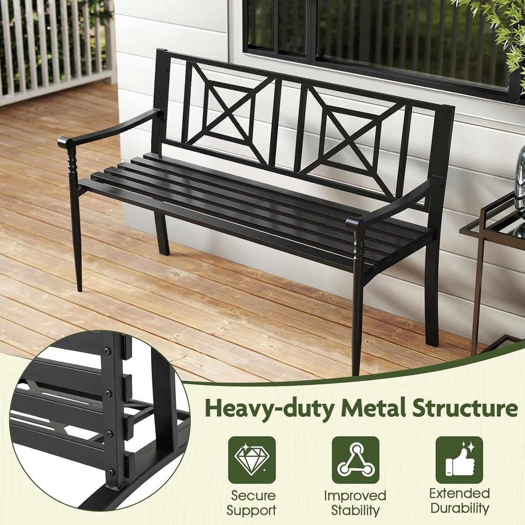 Metal Outdoor Bench with Backrest, Curved Armrests, Non-Slip Foot Pads, Slatted Seat for 2-3 Persons, Load 660lbs