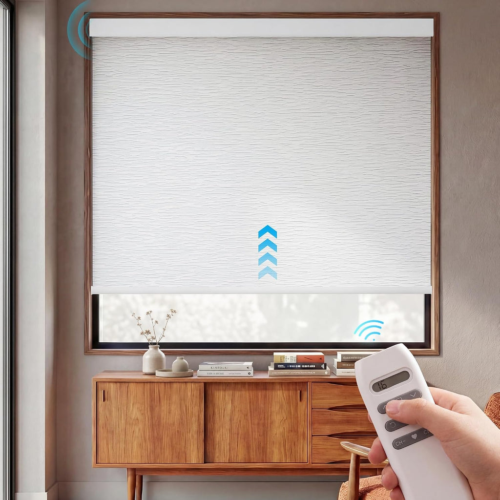 Motorized Blinds with Remote, APP, Voice Control, 100% Black - Bo Lumengeo Jacquard White