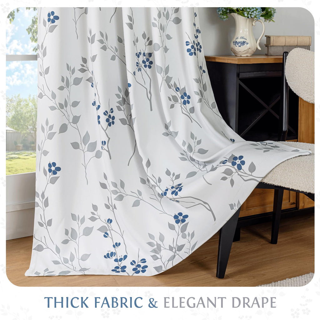 Floral 100% Blackout Sliding Door Curtains Blue Grey 100x84 1 Set