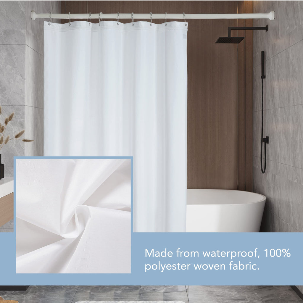 Shower Curtain Liner with Shower Clips, Easy On/Off Liner with Zipper, Waterproof, White, Long Size, 72 inches x 84