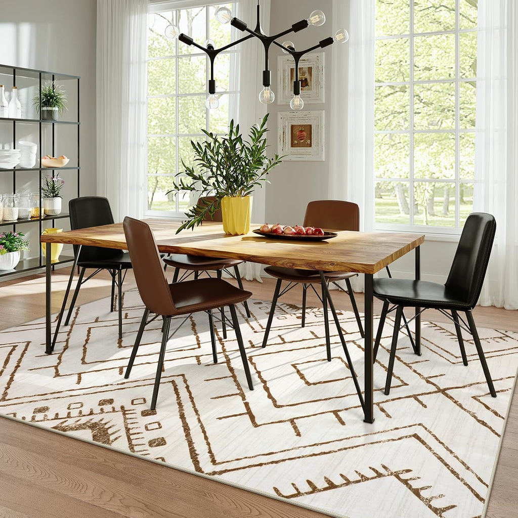 Moroccan 8x10 Area Rug, Beige Washable Rugs Bedroom, Non Slip Western Tribal Rug Low Pile Geometric Large Area Rugs