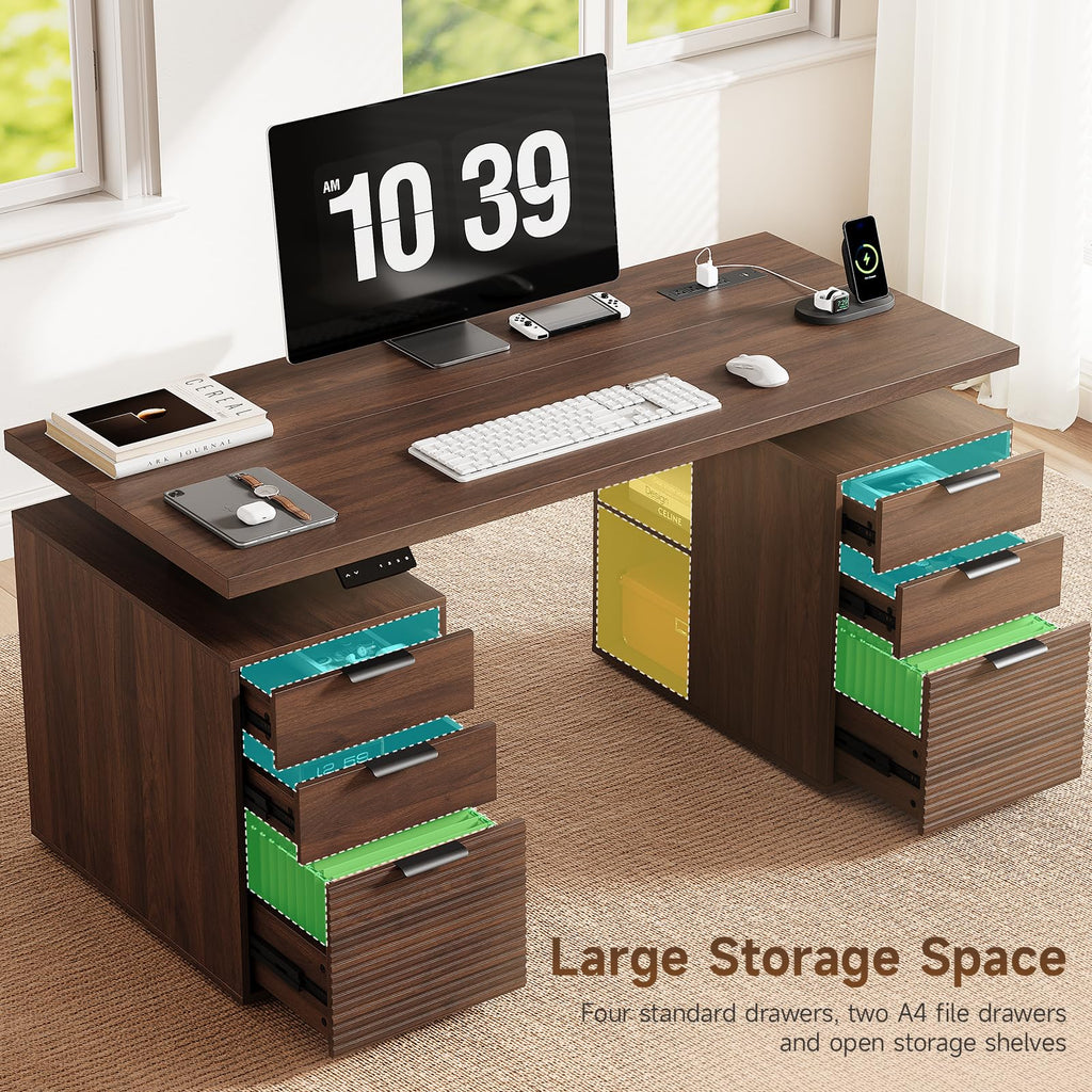 63" Electric Standing Desk with 6 Drawers, Storage Shelves, Walnut