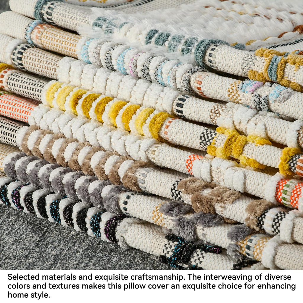 Chenille Striped Tufted Textured Boho Throw Pillow Covers Aesthetic with Tassels Woven Decorative Pillow Case for