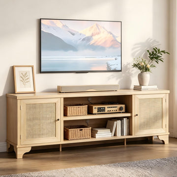 Rattan TV Stand Fits TVs Up to 70 Inches, Boho Entertainment Center with Storage, Wooden Media Console Table