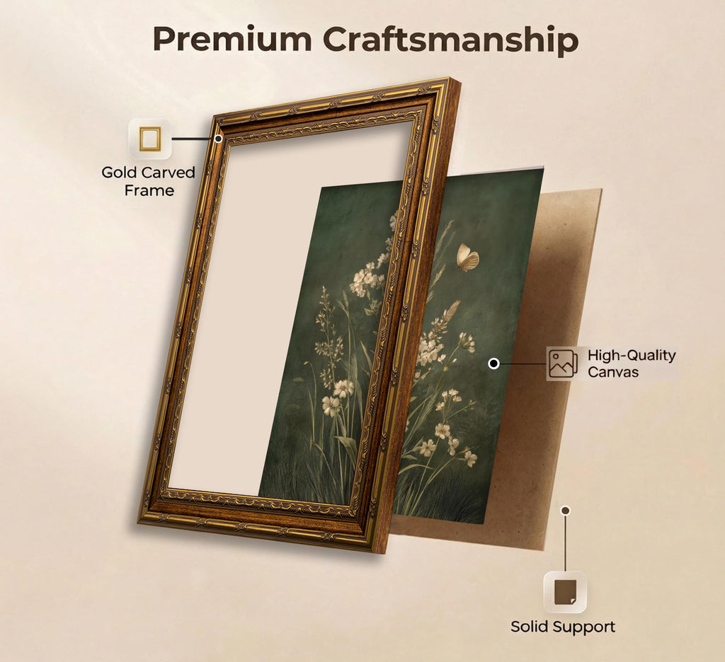 Vintage Gold Framed Botanical Wall Art Dark Green Botanical Floral Painting Picture Wall Decor Simple Cottagecore